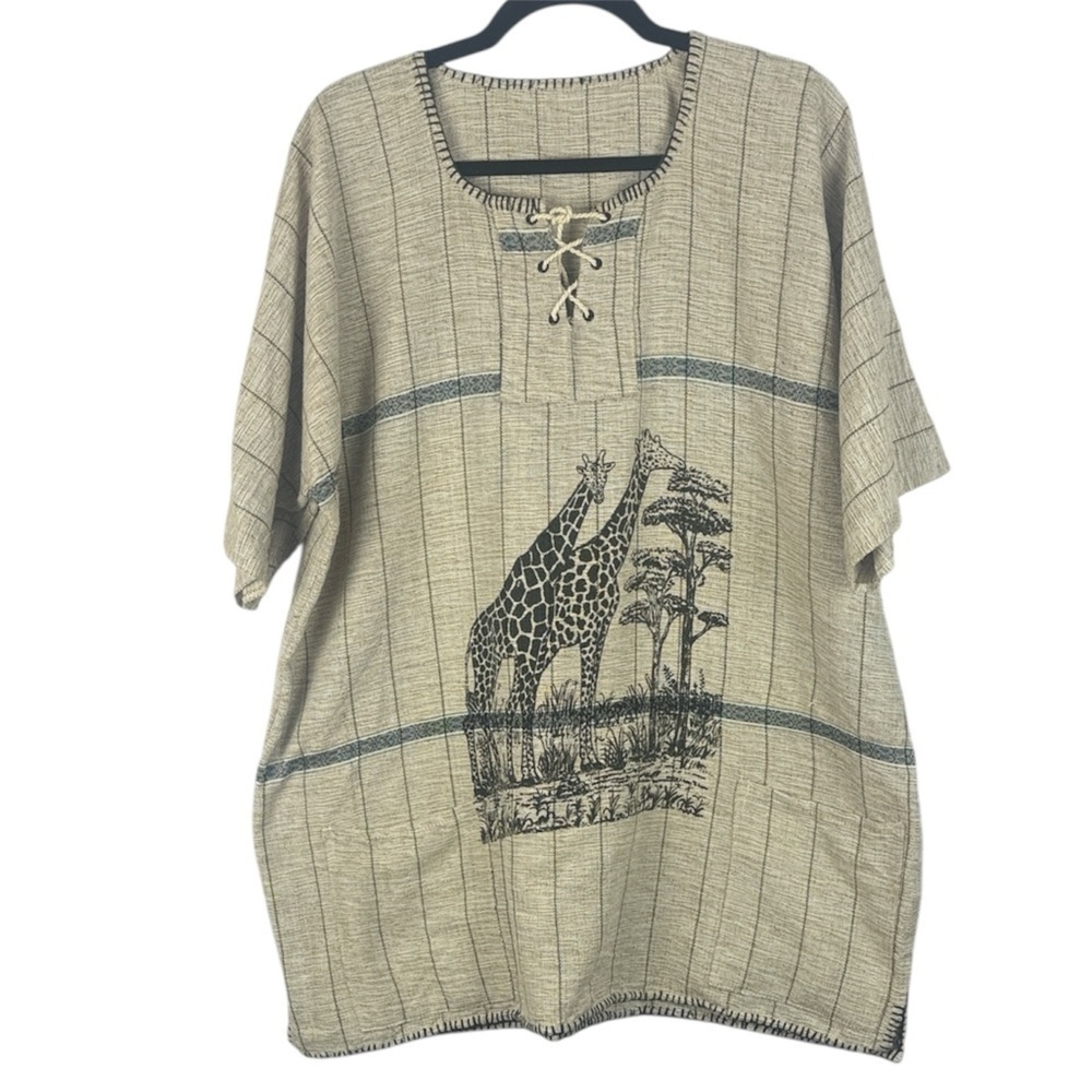 African Unisex Tan Woven Kikoy Short Sleeve Tunic with Giraffe Design